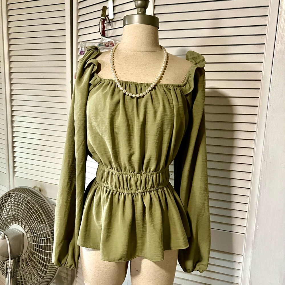 Olive Green Long-Sleeve Peplum Blouse
